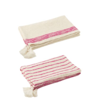 J-Line plaid Strepen + Kwasten - katoen - wit| - 2 stuks Roze