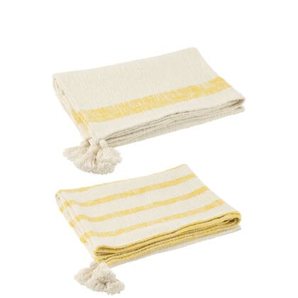 J-Line plaid Strepen + Kwasten - katoen - wit| - 2 stuks Geel