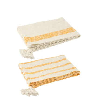 J-Line plaid Strepen + Kwasten - katoen - wit| - 2 stuks Oranje