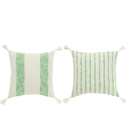 J-Line Kussen Vierkant Strepen+Kwasten Katoen Wit|Groen Assortiment