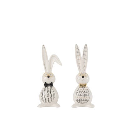 J-Line figuur Konijn Robert keramiek - mix - medium - 2 stuks - paasdecoratie Wit