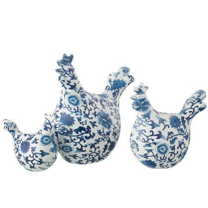 J-Line figuur Haan Patroon - polyresin - blauw|wit - set van 3 - paasdecoratie Multicolor