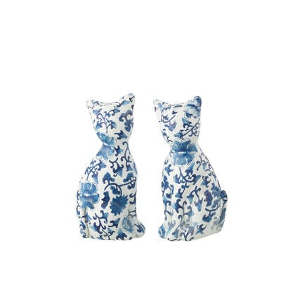 J-Line figuur Kat Patroon - polyresin - blauw|wit - large - 2 stuks - paasdecoratie Multicolor