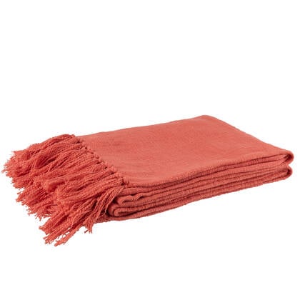 J-line - Plaid Gehaakt Kwast Katoen Roze - 195x137x1cm Rood