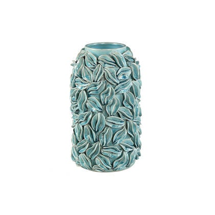 PTMD Zubeda Blue Round Glazed Ceramic Pot With Leaves L Blauw