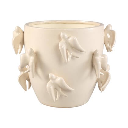 PTMD Emmelyn White Round Ceramic Glazed Pot Birds L Wit