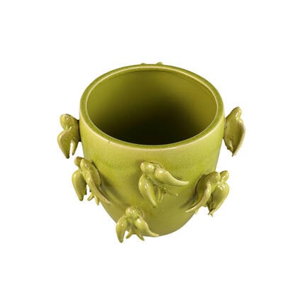 PTMD Emmelyn Green Round Ceramic Glazed Pot Birds L Groen