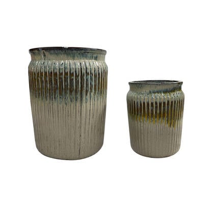 PTMD Alicen Yellow Ceramic Ribbed Round Pot Set Of 2 Geel