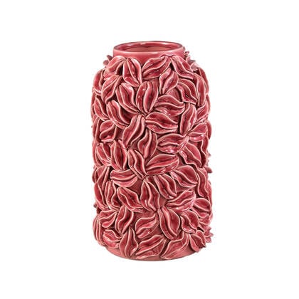 PTMD Zubeda Pink Round Glazed Ceramic Pot With Leaves L Roze