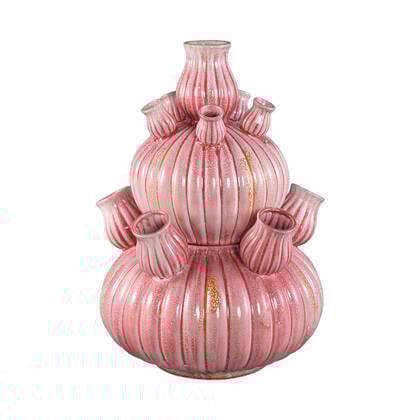 PTMD Nolou Pink Ceramic Tulip Vase Ribbed Round L Roze