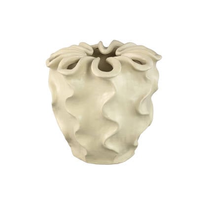 PTMD Rudie Cream Matt Ceramic Pot With Wavy Print L Beige