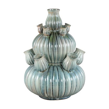 PTMD Nolou Turquoise Ceramic Tulip Vase Ribbed Round L Blauw