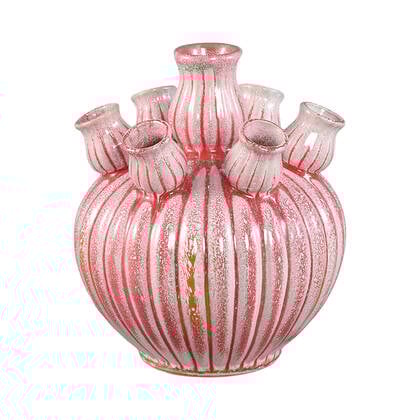 PTMD Nolou Pink Ceramic Tulip Vase Ribbed Round S Roze