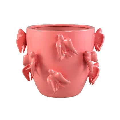 PTMD Emmelyn Pink Round Ceramic Glazed Pot Birds L Roze