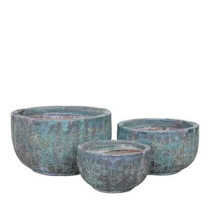 PTMD Siantelle Green Round Ceramic Pot With Lines SV3 Groen