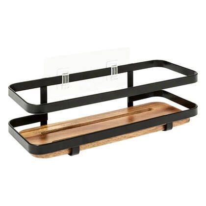5Five Badkamer douche rekje - metaal|hout - zuignap - 25x10x8cm Zwart