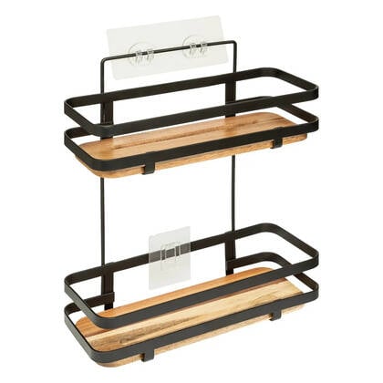 5Five Badkamer douche rekje - metaal|hout - zuignap - 25x15x30 cm Zwart
