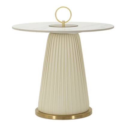 Salontafel in crème leer met marmeren blad cm ø 60x54 Wit