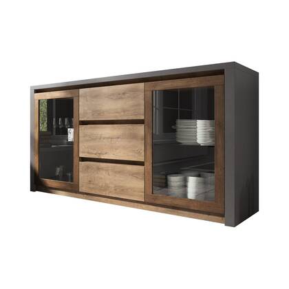 Meubella - Dressoir Monaco - Eiken - Grijs - 140 cm - Met glas Bruin, Grijs