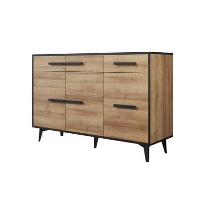 Meubella - Dressoir Frey - Licht eiken - Zwart - 135 cm Bruin, Zwart