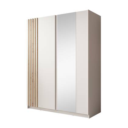 Meubella - Kledingkast Boets - Wit - Eiken - 150 cm - Met spiegel Bruin, Wit