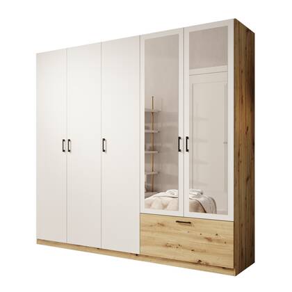 Meubella - Kledingkast Audrey - Wit - 225 cm - Met spiegel