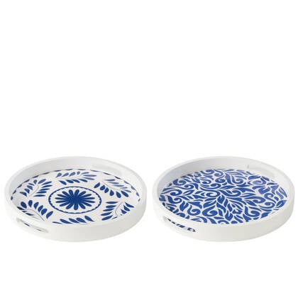 J-Line Dienblad Vierkant Bloemen Mangohout Blauw|Wit Assortiment Va