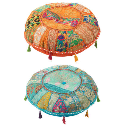 J-Line Poef Rond Plat Patronen+Kwasten Katoen Oranje|Blauw Assortim Multicolor