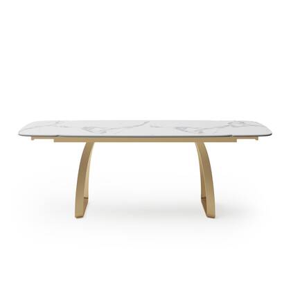 Uitrekbare tafel van wit marmerkeramiek met gehard glas en gouden poten