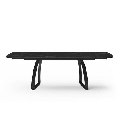 Uitschuifbare tafel van zwart marmerkeramiek. Gehard glas en zwarte poten.