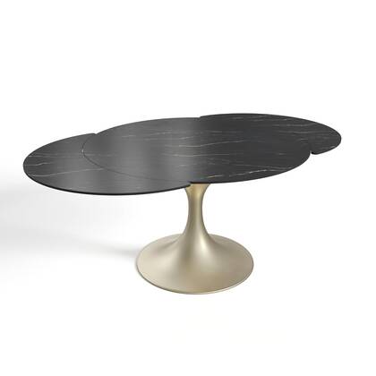 Uitschuifbare tafel voor 8 personen, zwart marmer keramiek, gouden onderstel