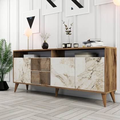 Giga Meubel - Dressoir Walnoot|Beige Marmer - 180x35x78,6cm - Milan Wit
