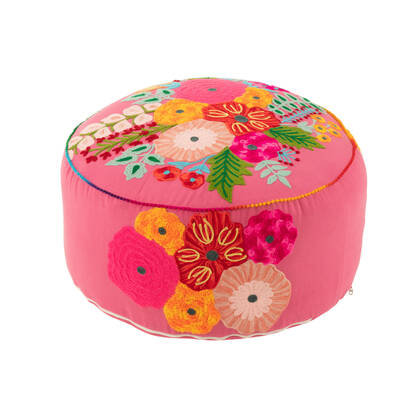 J-Line Poef Rond Bloemen Geborduurd Katoen|Polyester Roze