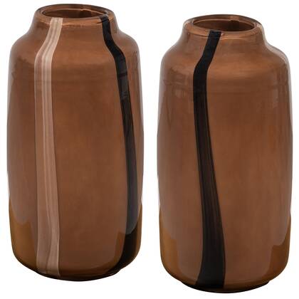 WOOOD Selena Vaas Met Streep - Glas - Bruin - Set van 2