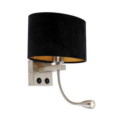 QAZQA Wandlamp staal met ovale velours kap zwart 25cm - Brescia Combi afbeelding