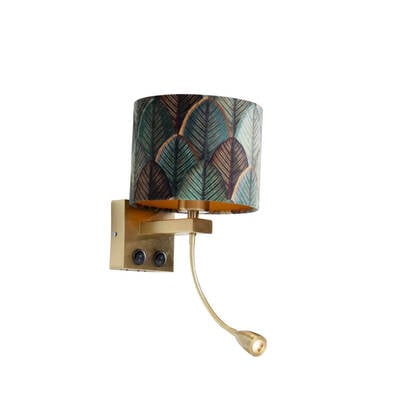 QAZQA Wandlamp brons met velours lampenkap blad dessin met gouden afbeelding