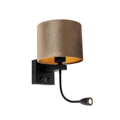 QAZQA Wandlamp zwart met velours kap bruin 18cm - Brescia afbeelding