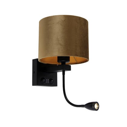 QAZQA Wandlamp zwart met velours kap brons 18cm - Brescia afbeelding