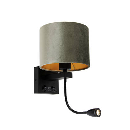 QAZQA Wandlamp zwart met velours kap groen 18cm - Brescia afbeelding