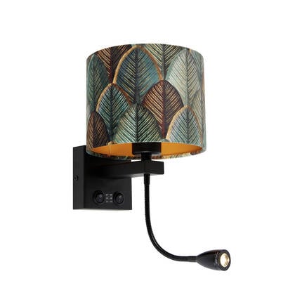 QAZQA Wandlamp zwart met velours lampenkap blad dessin met gouden afbeelding