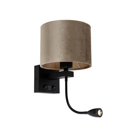 QAZQA Wandlamp zwart met velours kap taupe 18cm - Brescia Combi afbeelding