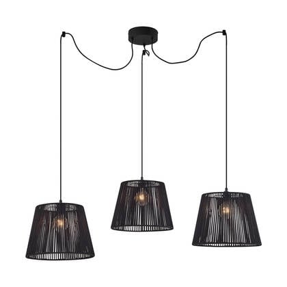 QAZQA Buiten hanglamp zwart met zwarte kap van touw 3-lichts IP44 - afbeelding