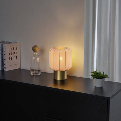 QAZQA Japandi tafellamp goud met beige kap - Pluni afbeelding