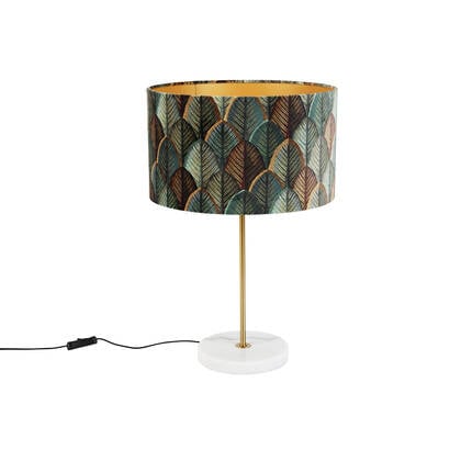 QAZQA Tafellamp messing met velours lampenkap blad dessin met gouden afbeelding