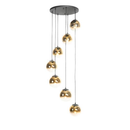 QAZQA Smart hanglamp zwart met goud glas 7-lichts incl. 7 Wifi A60 - afbeelding