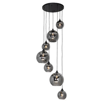QAZQA Smart hanglamp zwart met smoke glas rond 7-lichts incl. 7 Wifi afbeelding