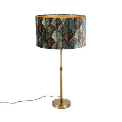 QAZQA Tafellamp brons met velours lampenkap blad dessin met gouden afbeelding