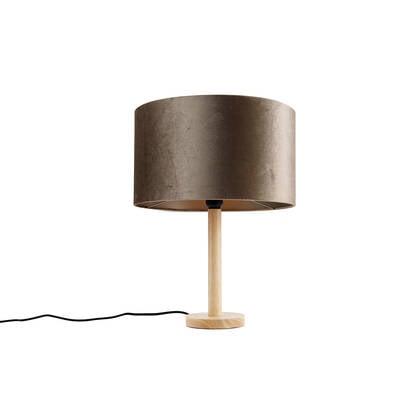 QAZQA Tafellamp hout met velours kap taupe 35cm - Mels afbeelding