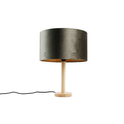QAZQA Tafellamp hout met velours kap groen 35cm - Mels afbeelding