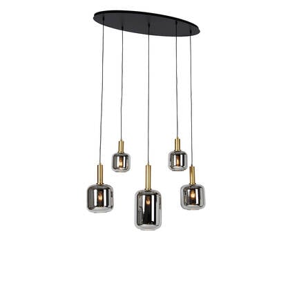 QAZQA Smart hanglamp zwart met goud en smoke glas ovaal 5-lichts afbeelding